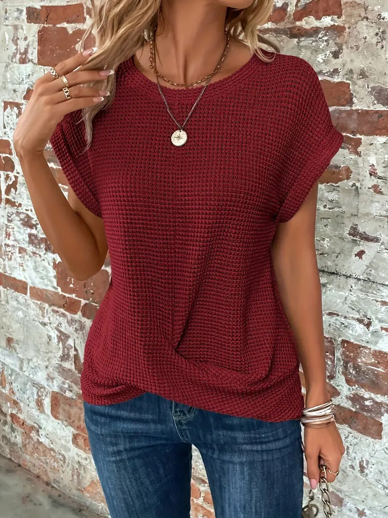 Women's Textured Waffle Knit Top with Rolled Cap Sleeves