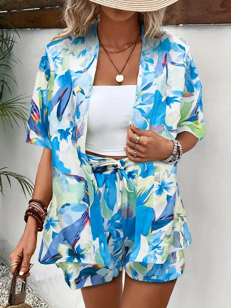 Ensemble kimono cardigan à imprimé floral et short à cordon pour femme