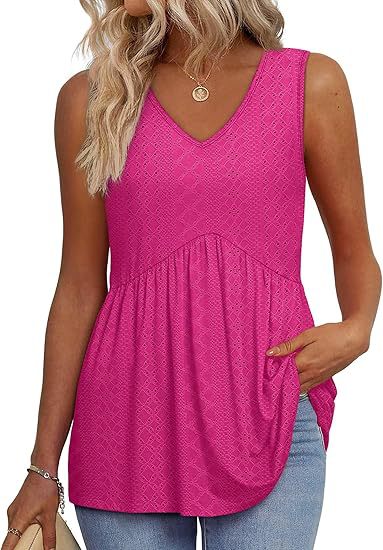 Women's Textured Sleeveless V-Neck Tunic Top with Flowing Pleated Hem