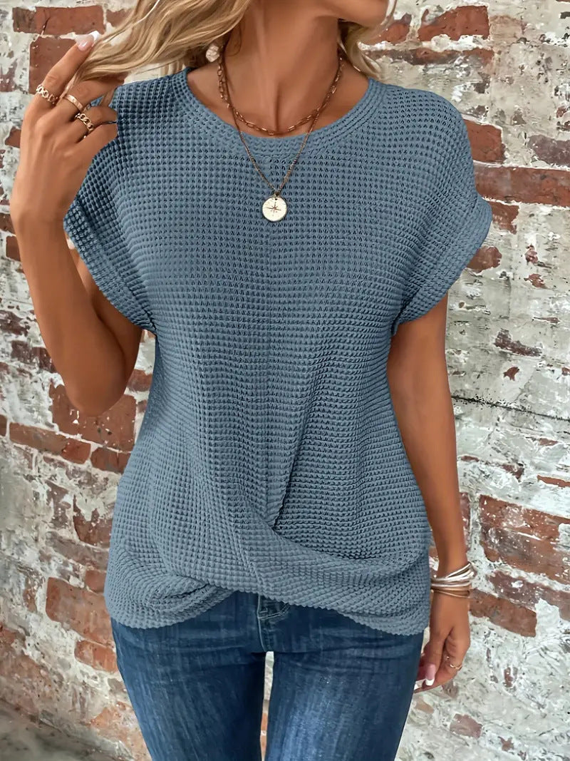 Women's Textured Waffle Knit Top with Rolled Cap Sleeves