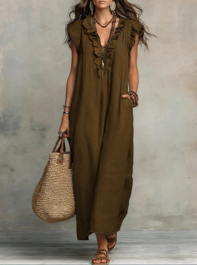 Robe maxi décontractée pour femme à col en V avec bordure à volants et poches latérales pratiques  