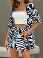 Damen-Set mit Kimono-Cardigan und Shorts mit Blumenmuster und Kordelzug