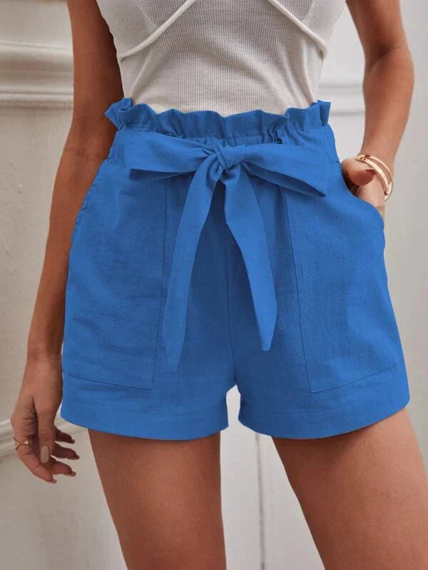 Women's High-Waisted Linen Blend Shorts with Tie Waist and Relaxed Fit
