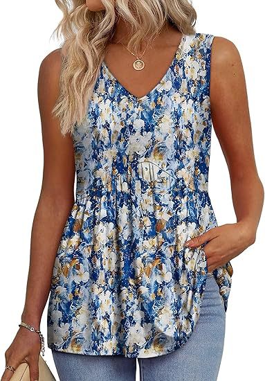 Women's Textured Sleeveless V-Neck Tunic Top with Flowing Pleated Hem