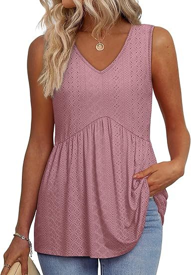 Women's Textured Sleeveless V-Neck Tunic Top with Flowing Pleated Hem