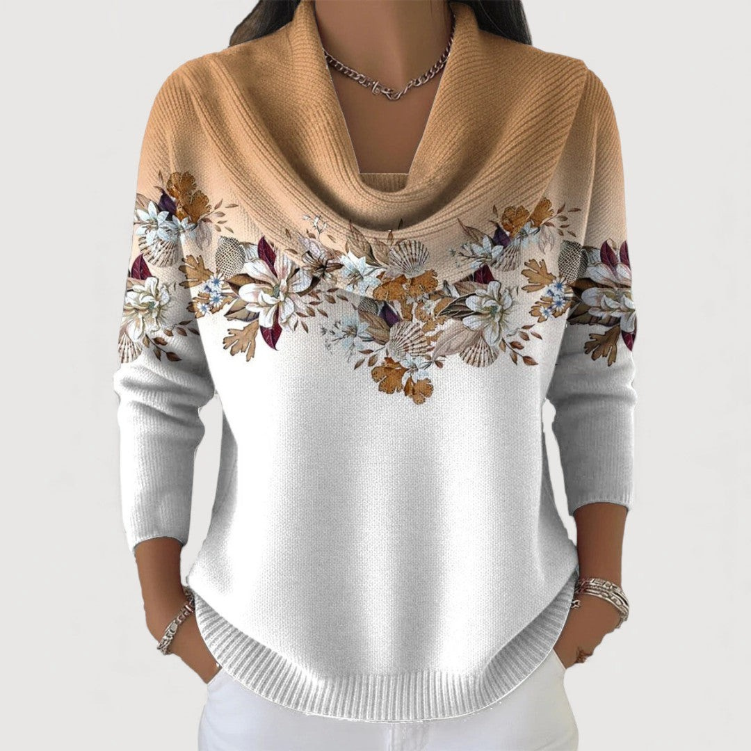 Damen-Stricktop mit Blumenmuster und Wasserfallausschnitt