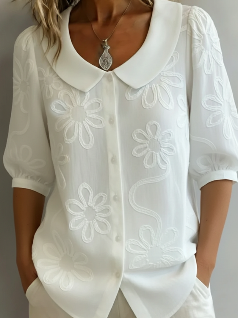 Women's Floral Embroidered Blouse with Rounded Collar and Button Front