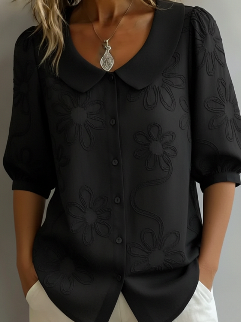 Women's Floral Embroidered Blouse with Rounded Collar and Button Front