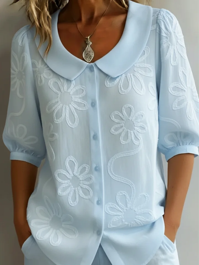 Women's Floral Embroidered Blouse with Rounded Collar and Button Front