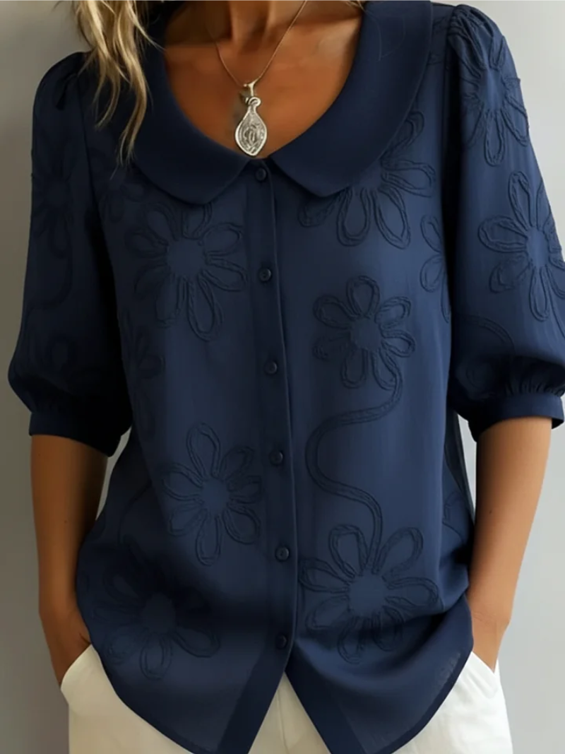 Women's Floral Embroidered Blouse with Rounded Collar and Button Front