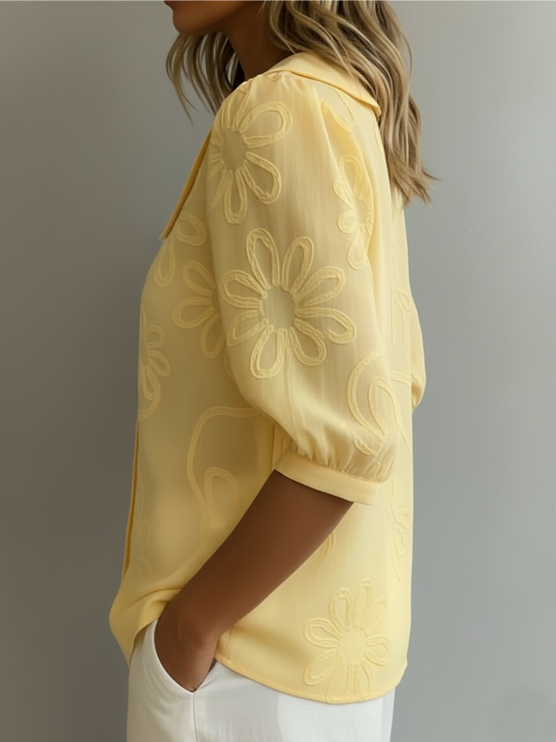 Women's Floral Embroidered Blouse with Rounded Collar and Button Front