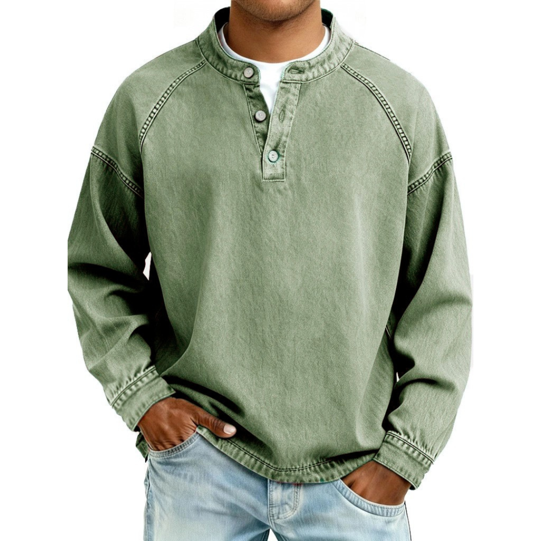 Sweat-shirt Henley à manches longues pour homme, effet délavé, avec patte de boutonnage