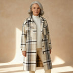 Manteau long à carreaux pour femme, boutonné sur le devant