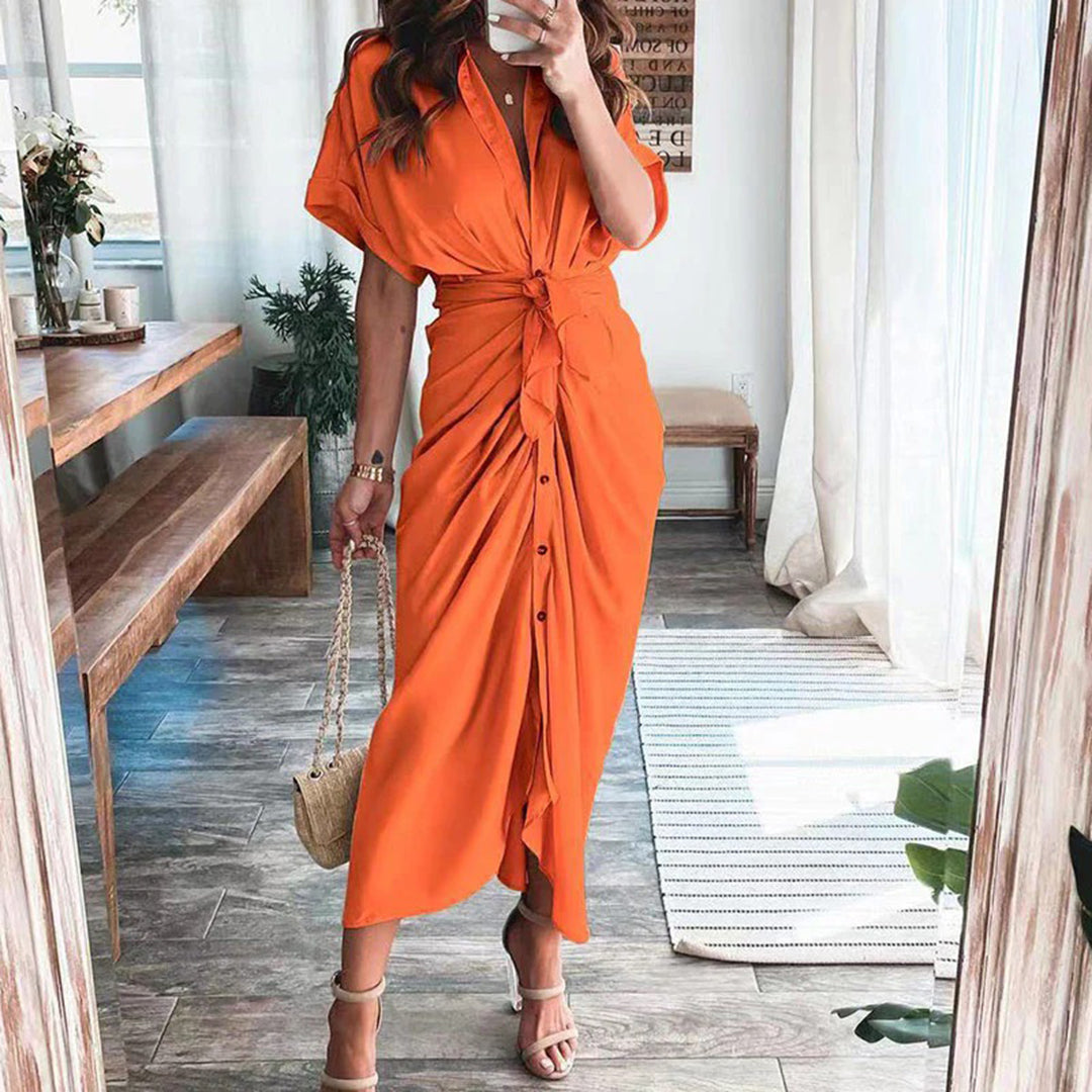Damen-Midikleid mit Knopfleiste und Taillengürtel für eleganten Alltagslook