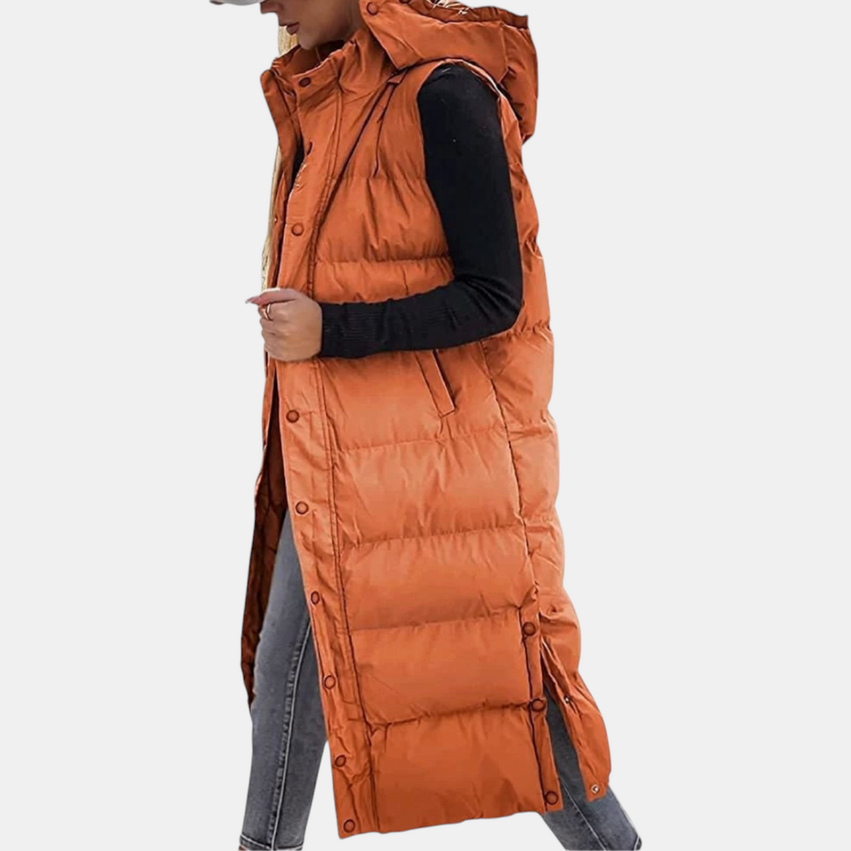 Women's Long Hooded Puffer Vest with Side Snap Buttons