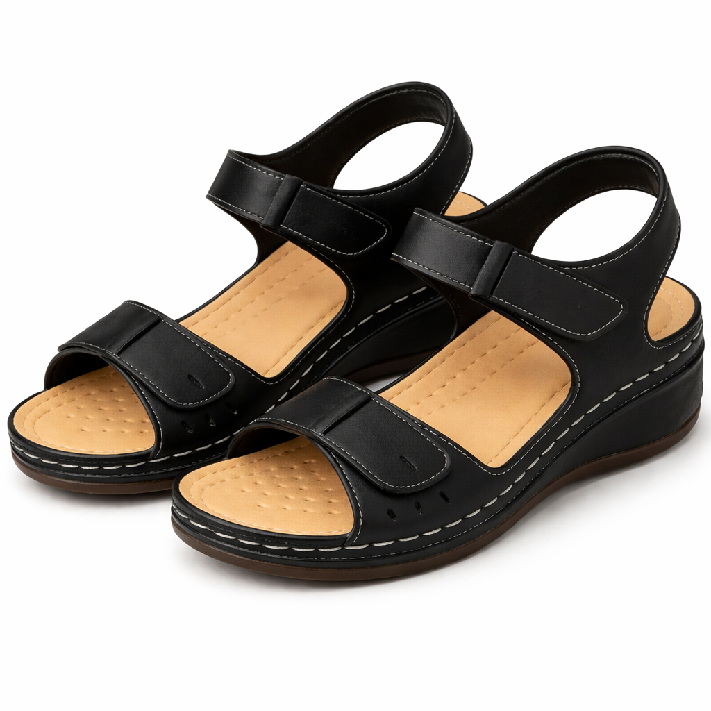 Damen Sandalen mit dreifach verstellbarem Komfort-Keilabsatz, gepolsterter Sohle und offenem Zehendesign