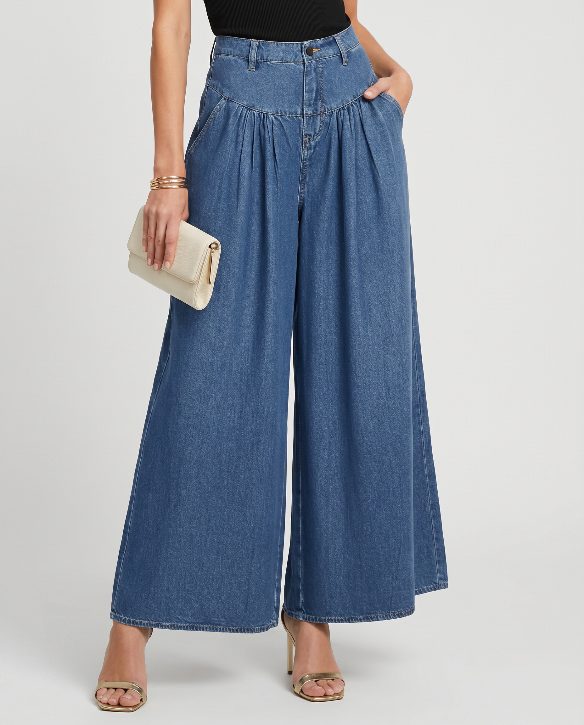 Women's High-Waisted Wide-Leg Denim Trousers