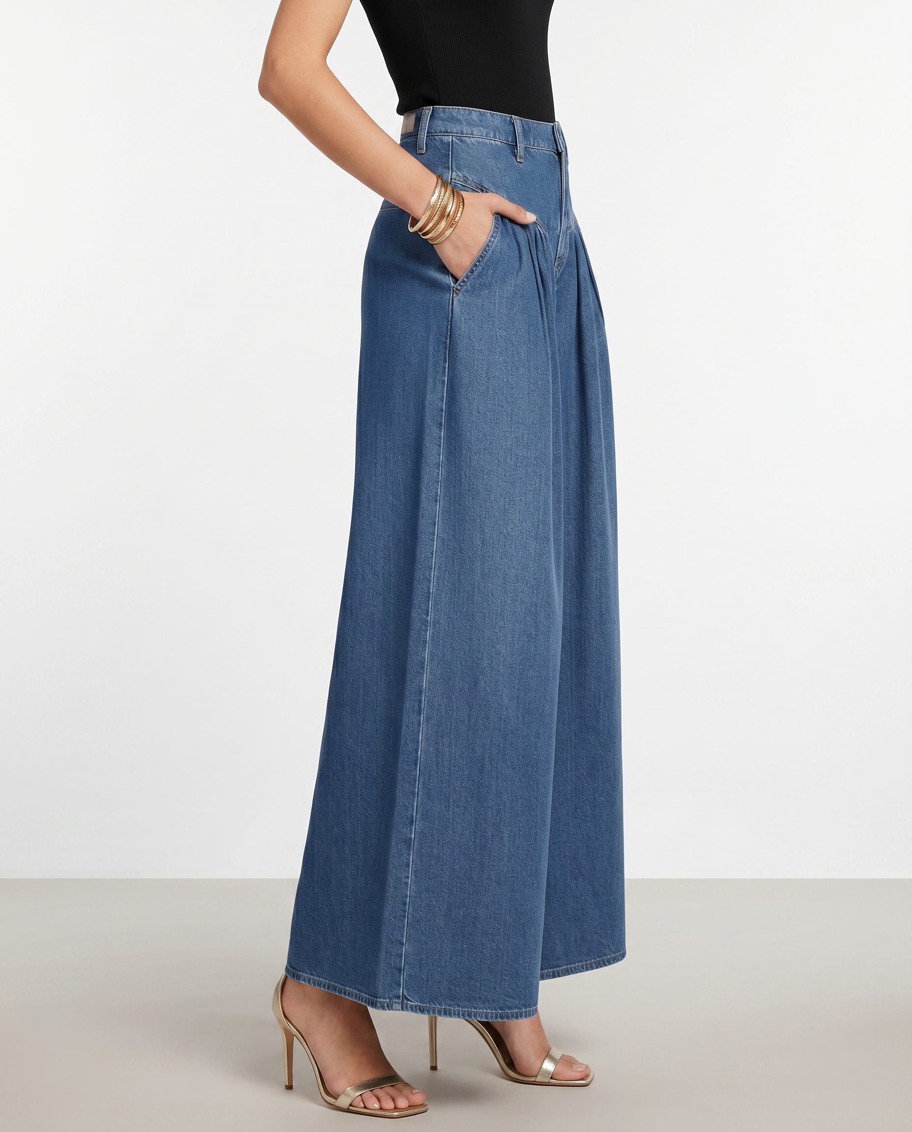 Women's High-Waisted Wide-Leg Denim Trousers