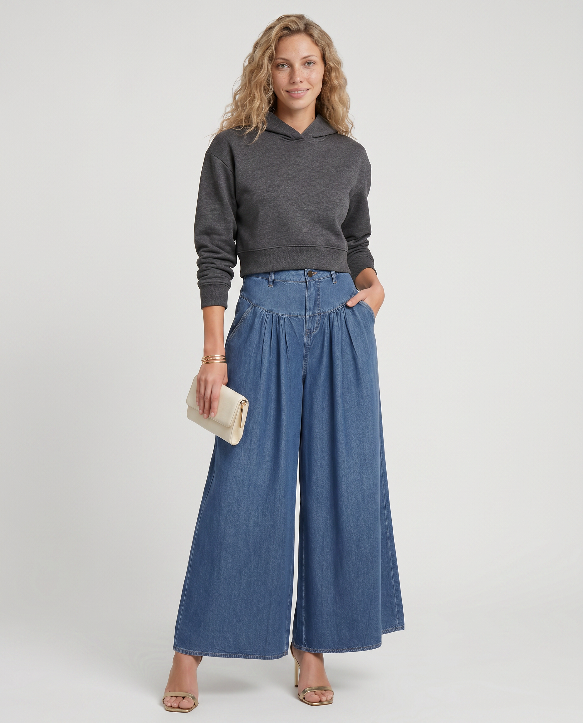 Women's High-Waisted Wide-Leg Denim Trousers
