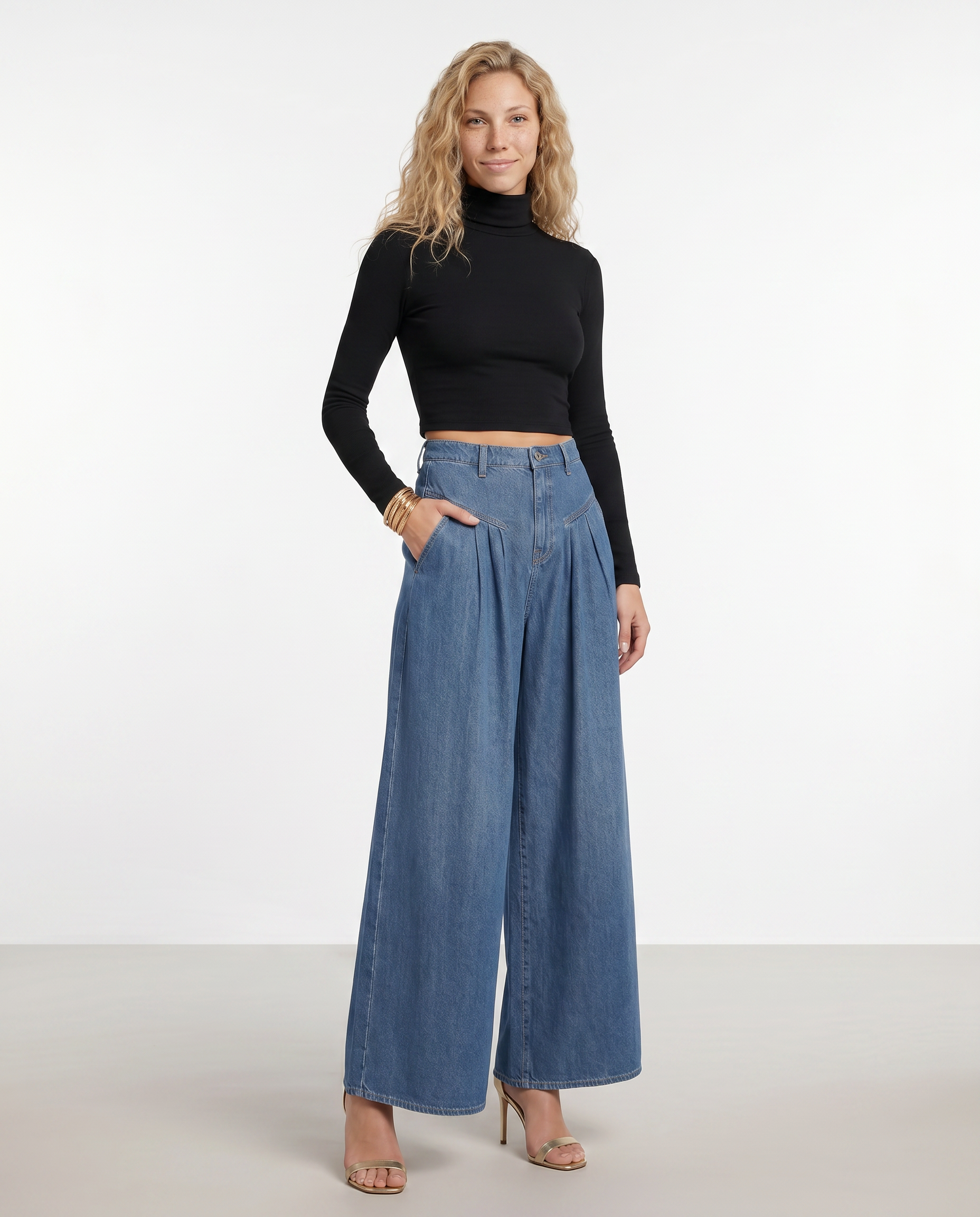 Women's High-Waisted Wide-Leg Denim Trousers