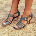 Women's Strappy Block Heel Sandals with Metal Ring Accents and Adjustable Buckle Strap