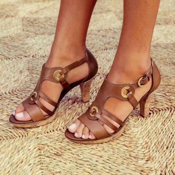 Women's Strappy Block Heel Sandals with Metal Ring Accents and Adjustable Buckle Strap