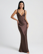 Women's Corset Maxi Dress with Plunging Neckline for Elegant Evenings