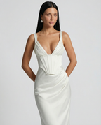 Women's Corset Maxi Dress with Plunging Neckline for Elegant Evenings