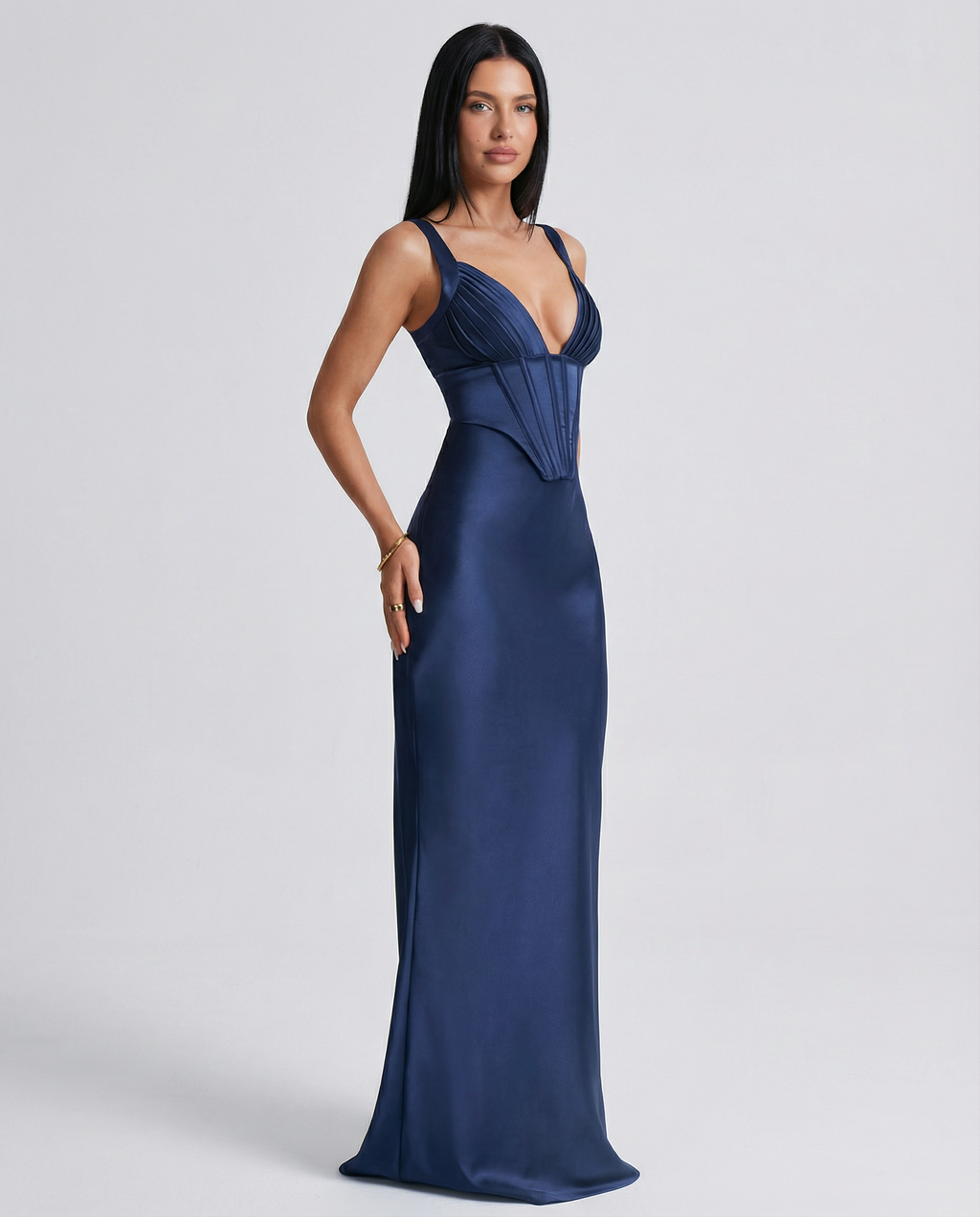 Women's Corset Maxi Dress with Plunging Neckline for Elegant Evenings