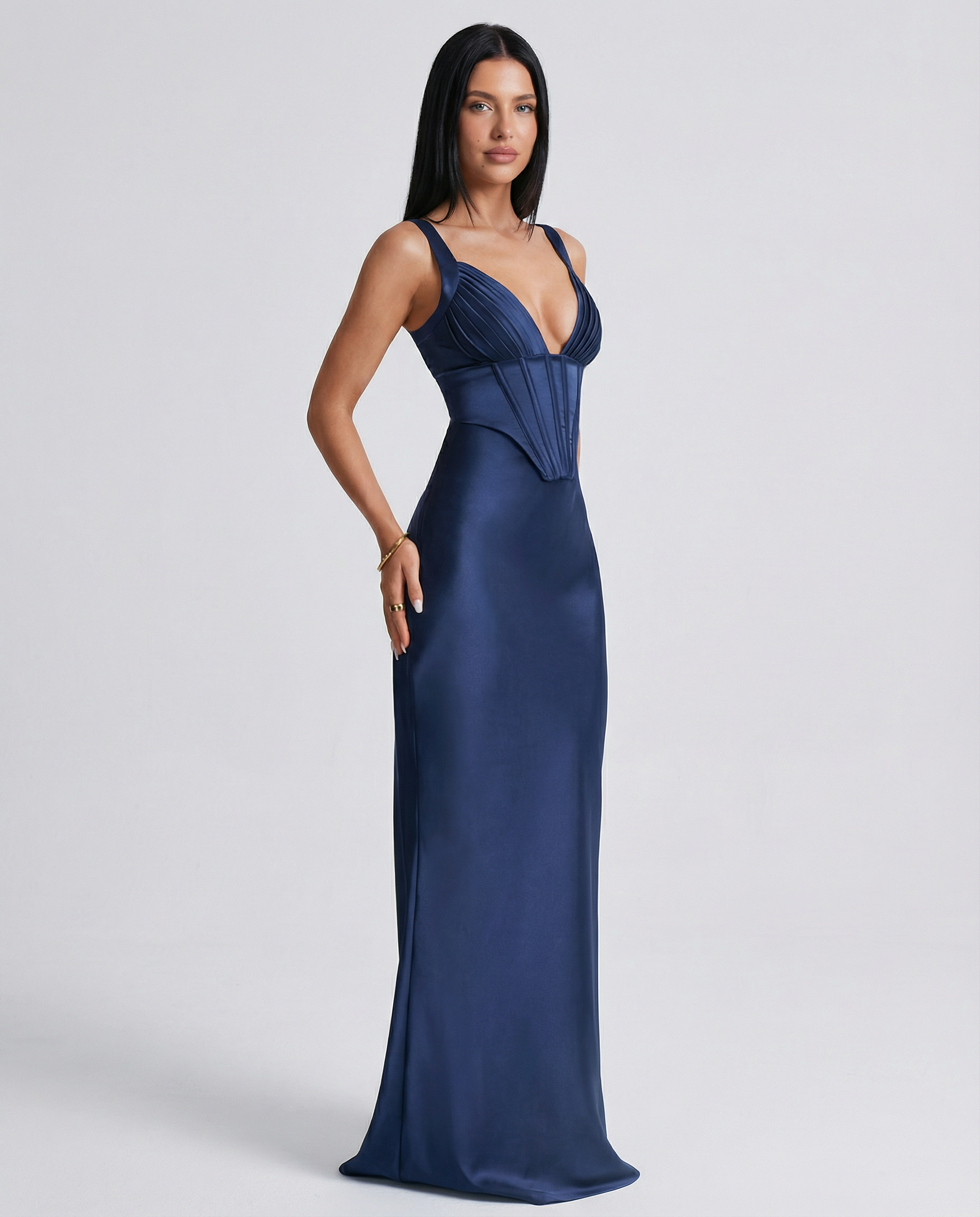Women's Corset Maxi Dress with Plunging Neckline for Elegant Evenings