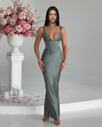 Women's Corset Maxi Dress with Plunging Neckline for Elegant Evenings
