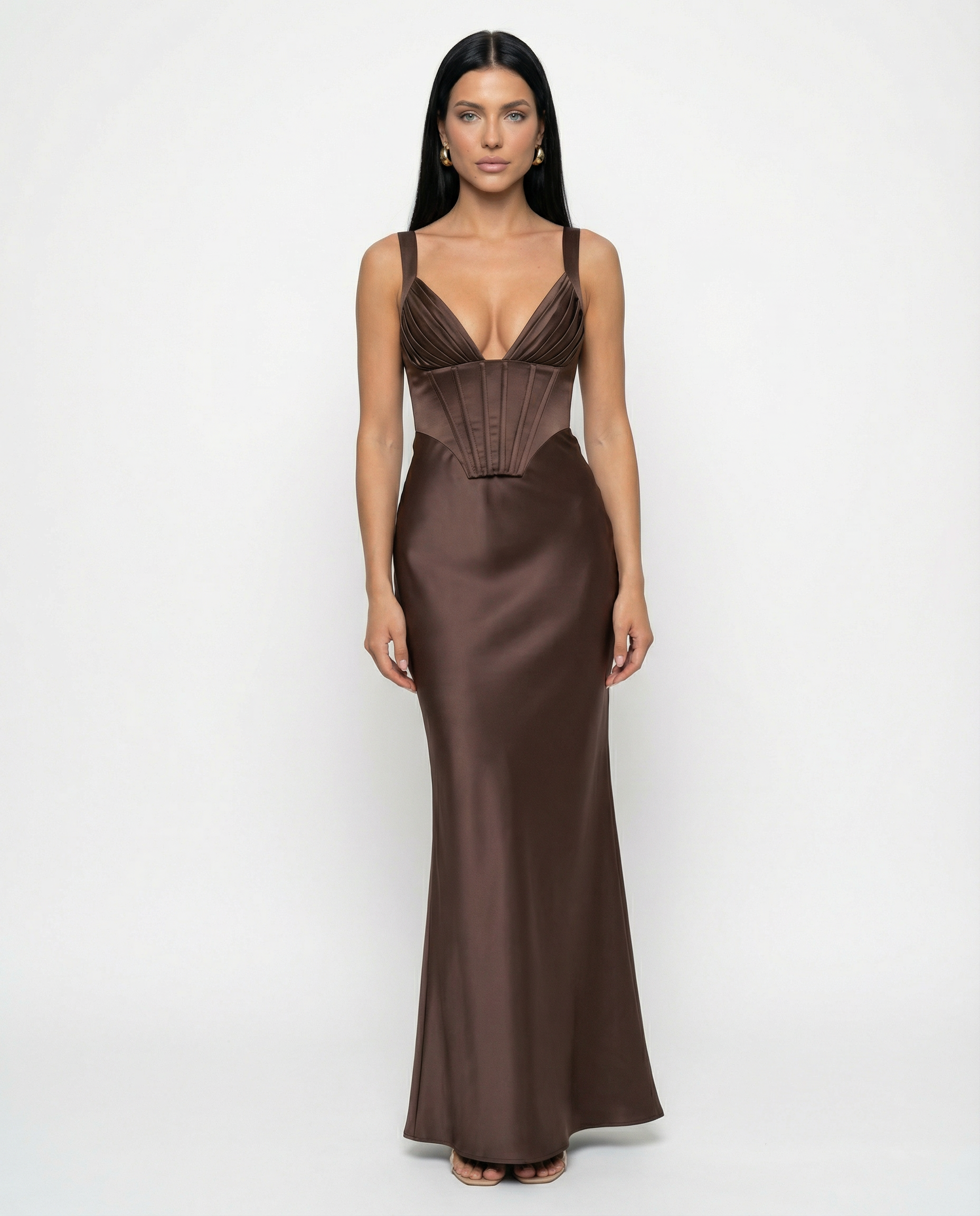 Women's Corset Maxi Dress with Plunging Neckline for Elegant Evenings