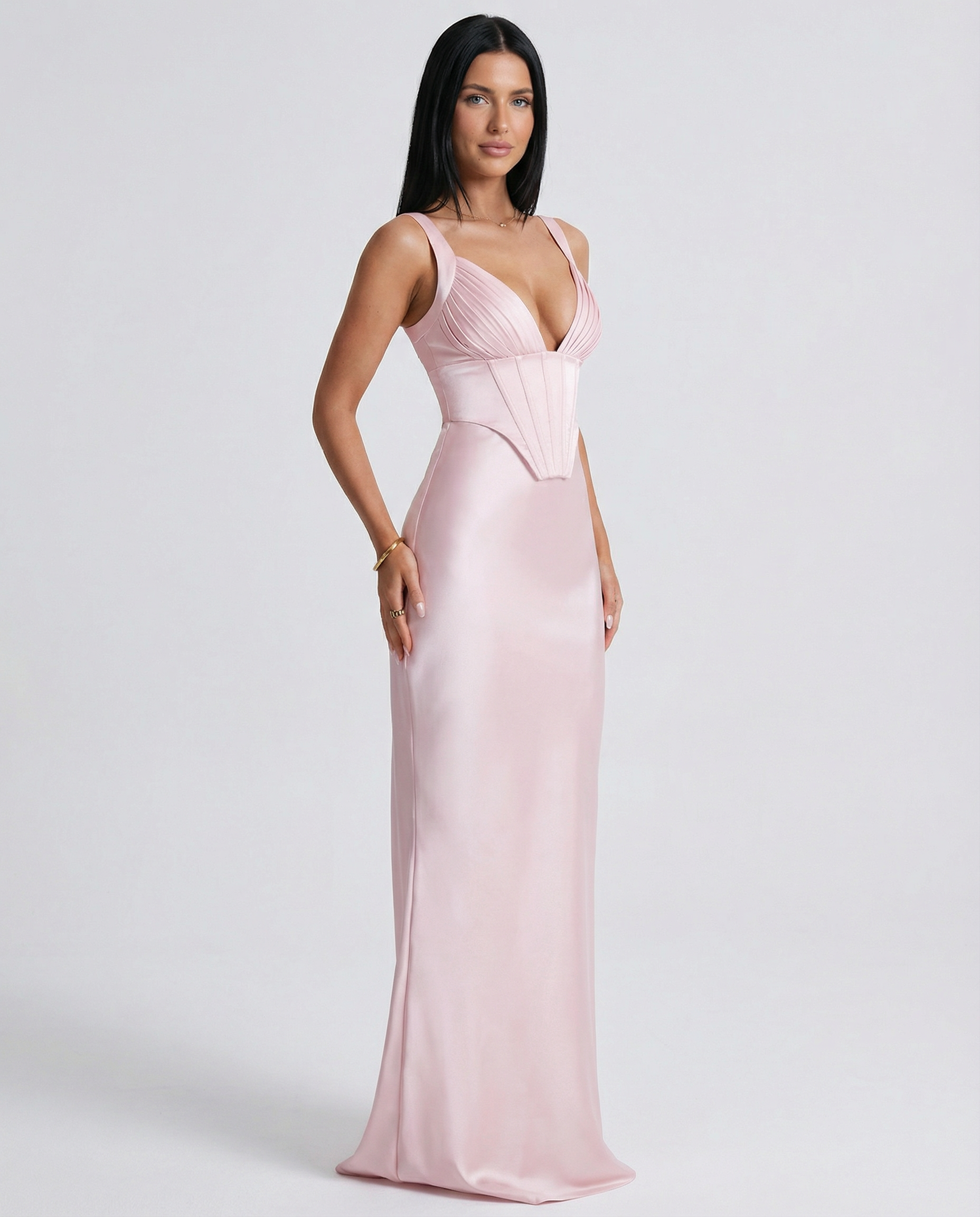 Women's Corset Maxi Dress with Plunging Neckline for Elegant Evenings