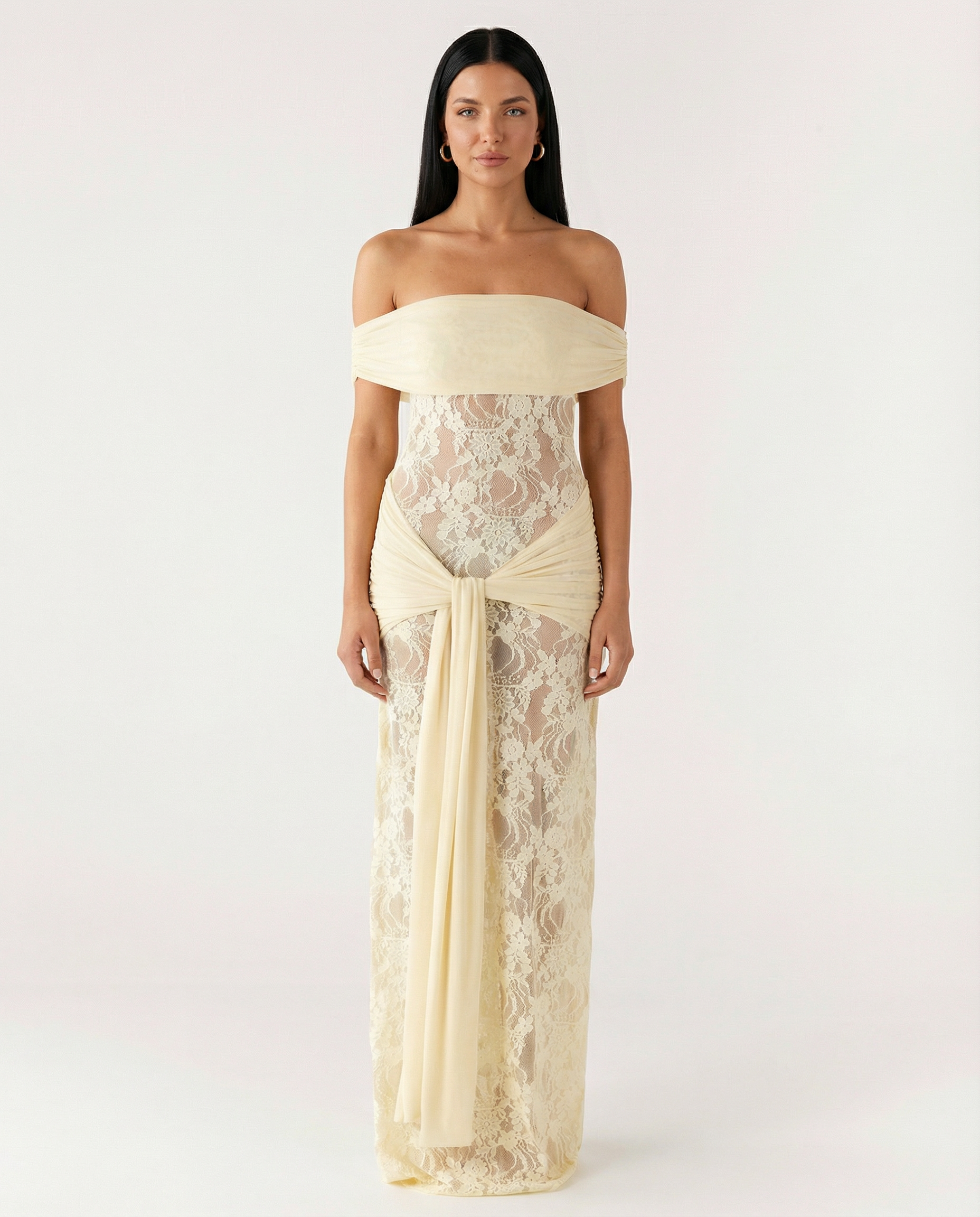 Women's Off-Shoulder Lace Maxi Dress with Draped Waist Detail
