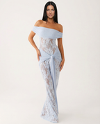 Women's Off-Shoulder Lace Maxi Dress with Draped Waist Detail