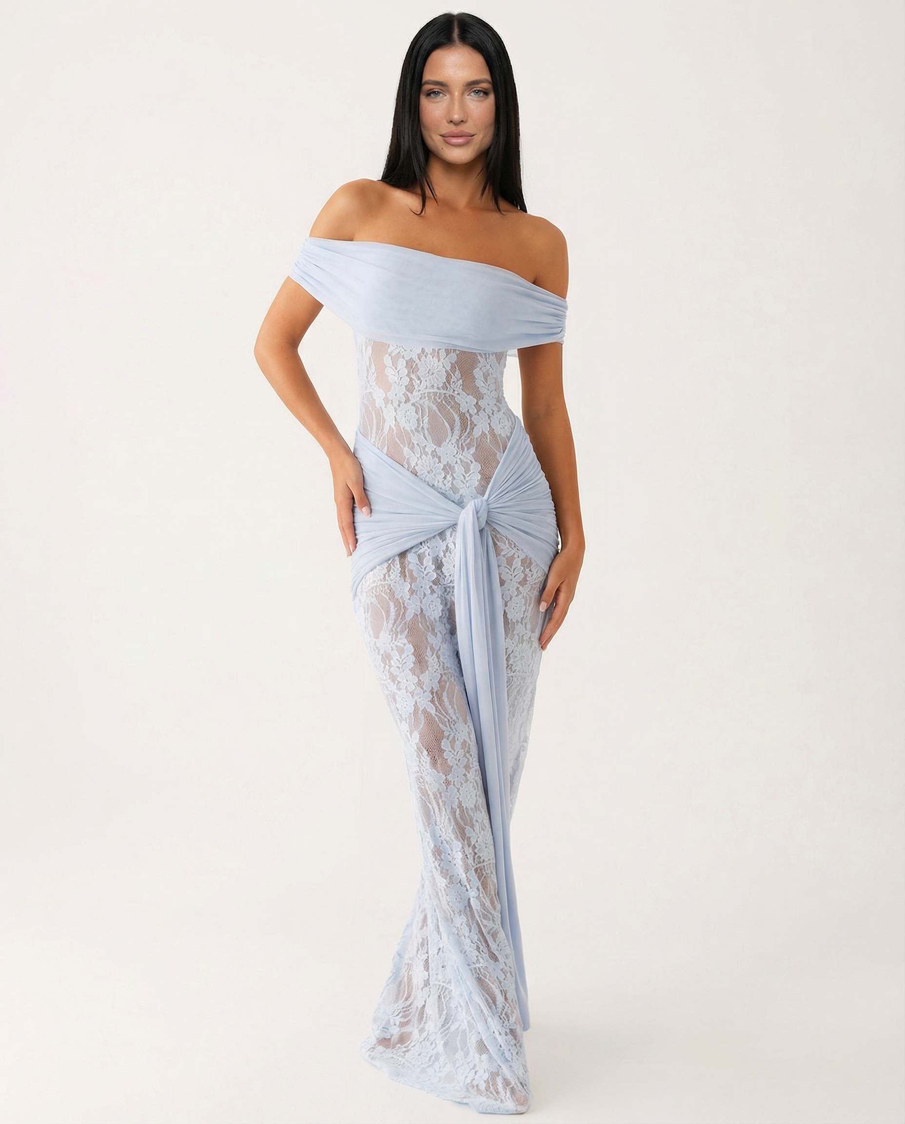 Women's Off-Shoulder Lace Maxi Dress with Draped Waist Detail