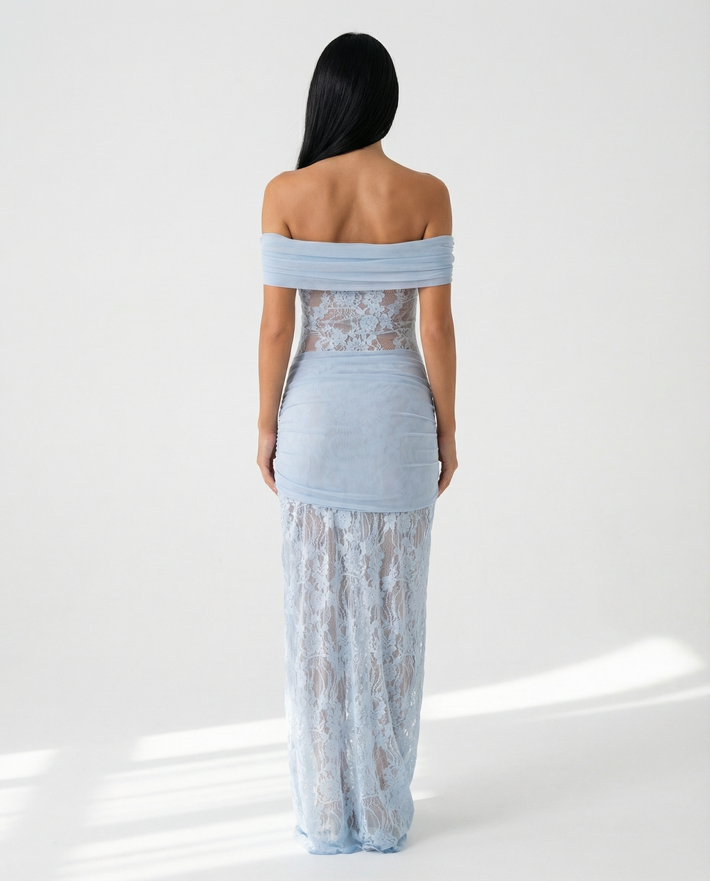 Women's Off-Shoulder Lace Maxi Dress with Draped Waist Detail