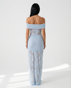 Women's Off-Shoulder Lace Maxi Dress with Draped Waist Detail