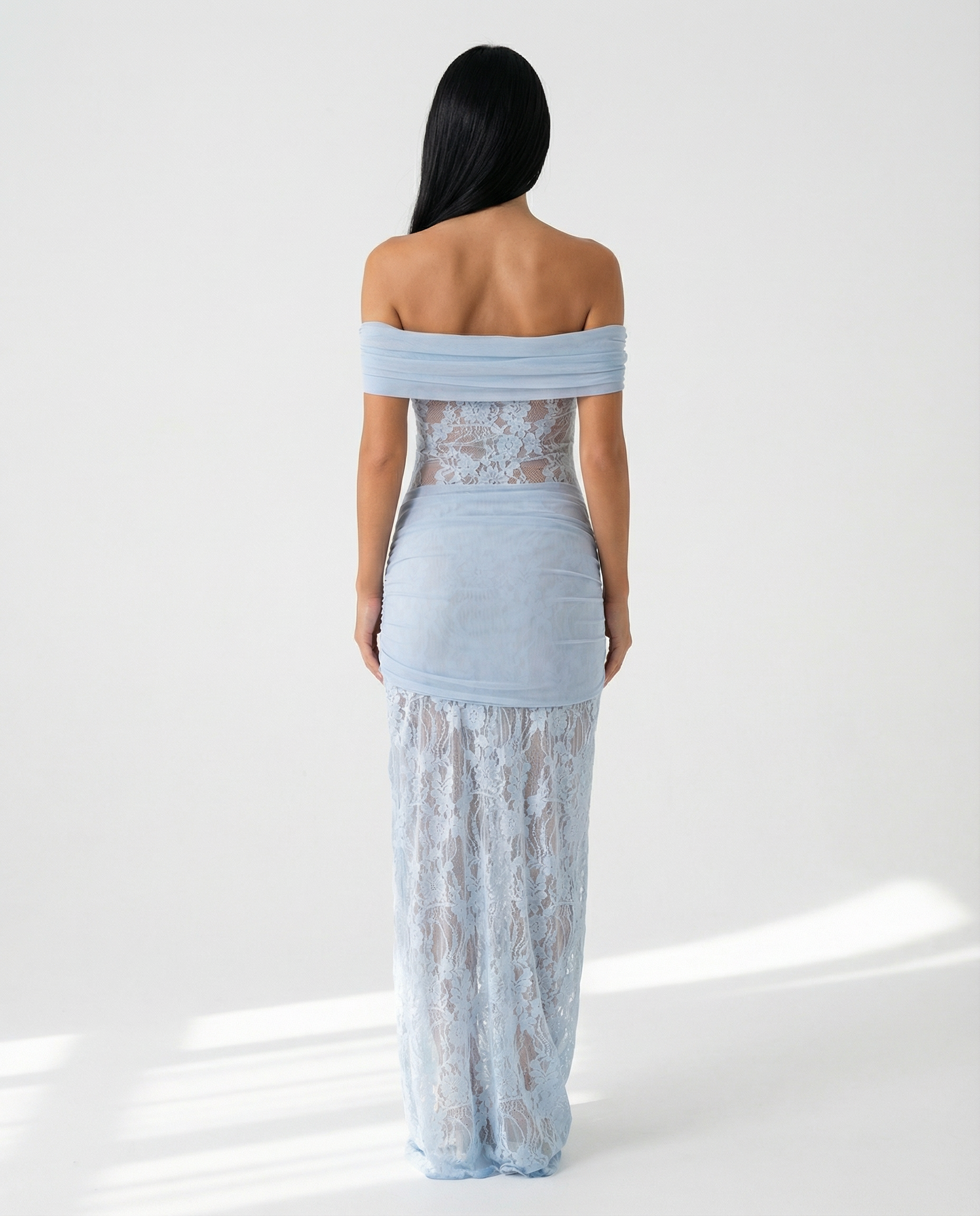 Women's Off-Shoulder Lace Maxi Dress with Draped Waist Detail