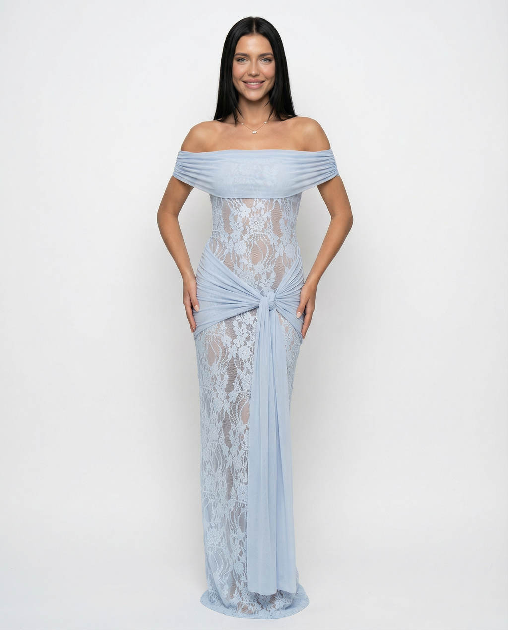 Women's Off-Shoulder Lace Maxi Dress with Draped Waist Detail