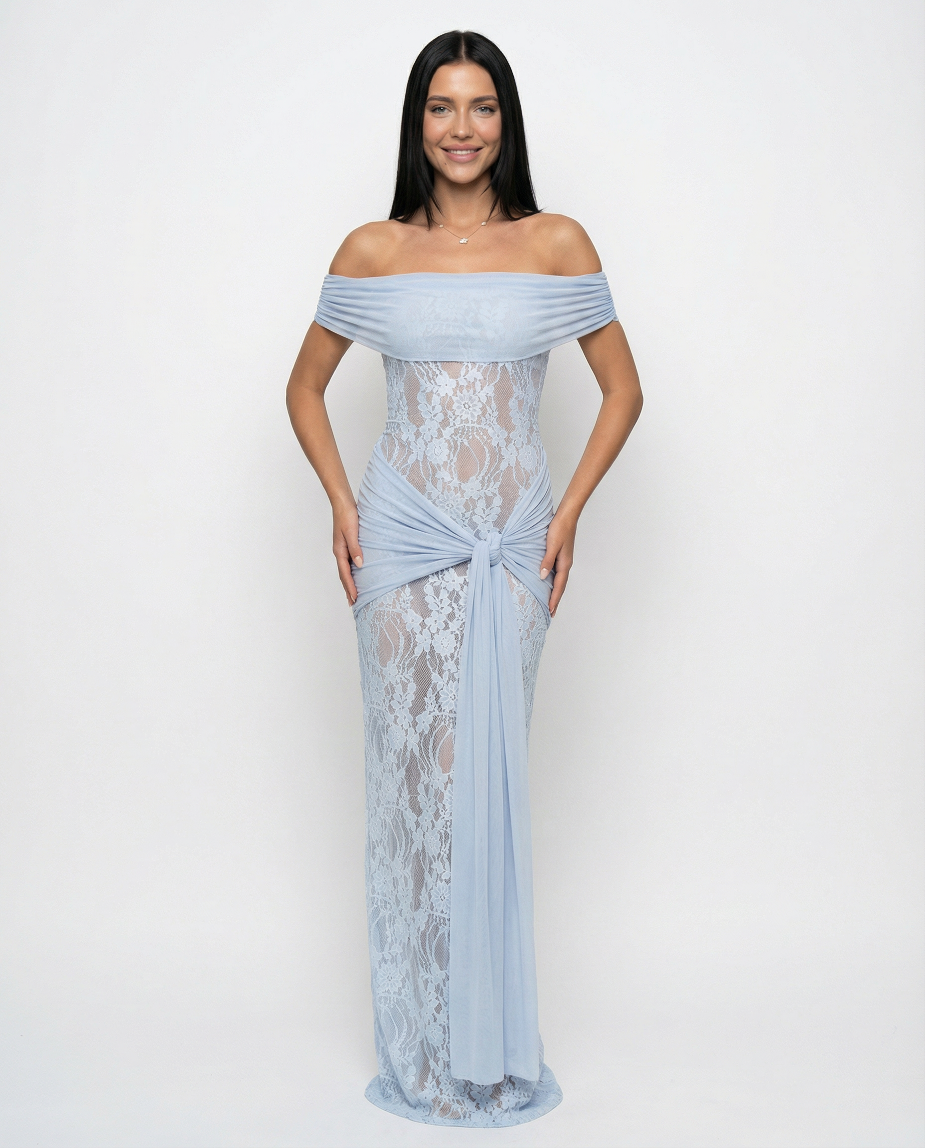 Women's Off-Shoulder Lace Maxi Dress with Draped Waist Detail