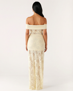 Women's Off-Shoulder Lace Maxi Dress with Draped Waist Detail