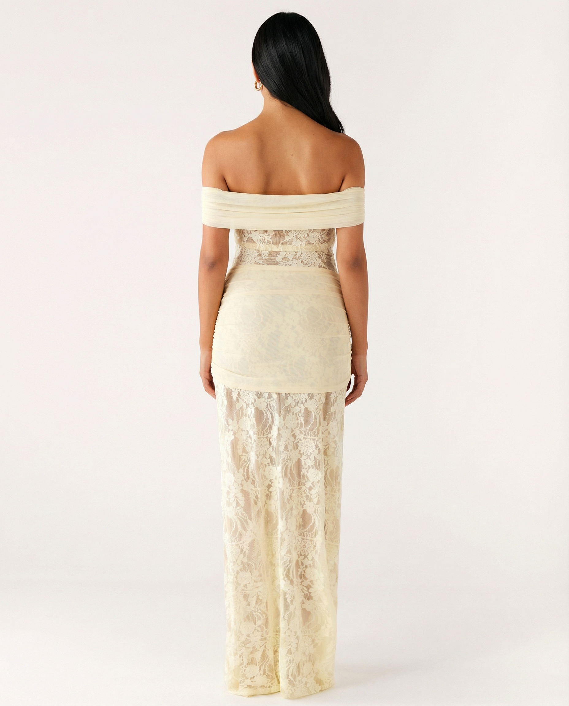 Women's Off-Shoulder Lace Maxi Dress with Draped Waist Detail