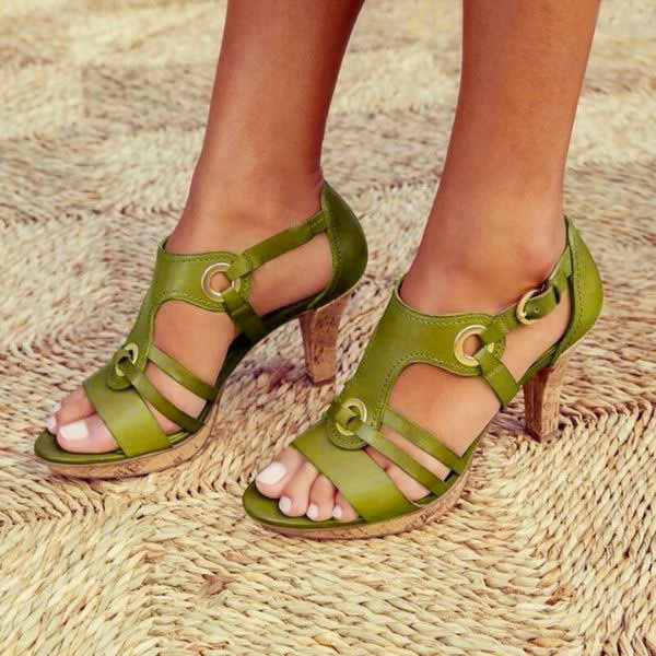 Women's Strappy Block Heel Sandals with Metal Ring Accents and Adjustable Buckle Strap