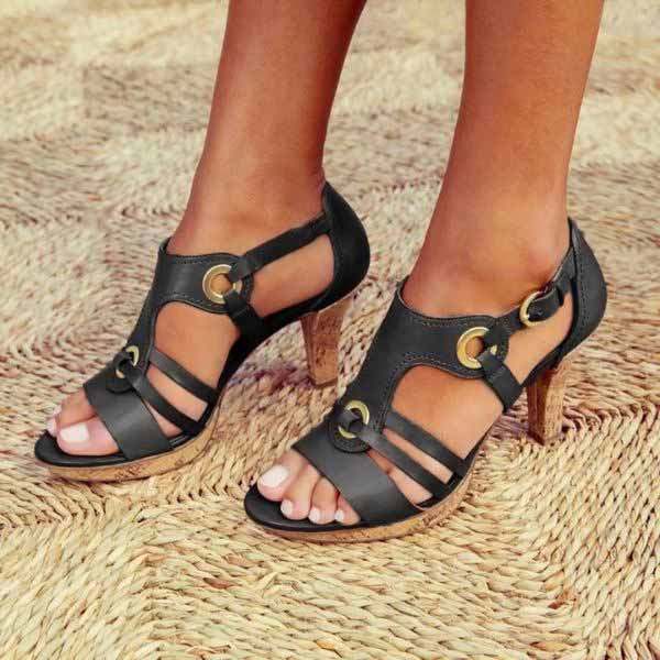 Women's Strappy Block Heel Sandals with Metal Ring Accents and Adjustable Buckle Strap