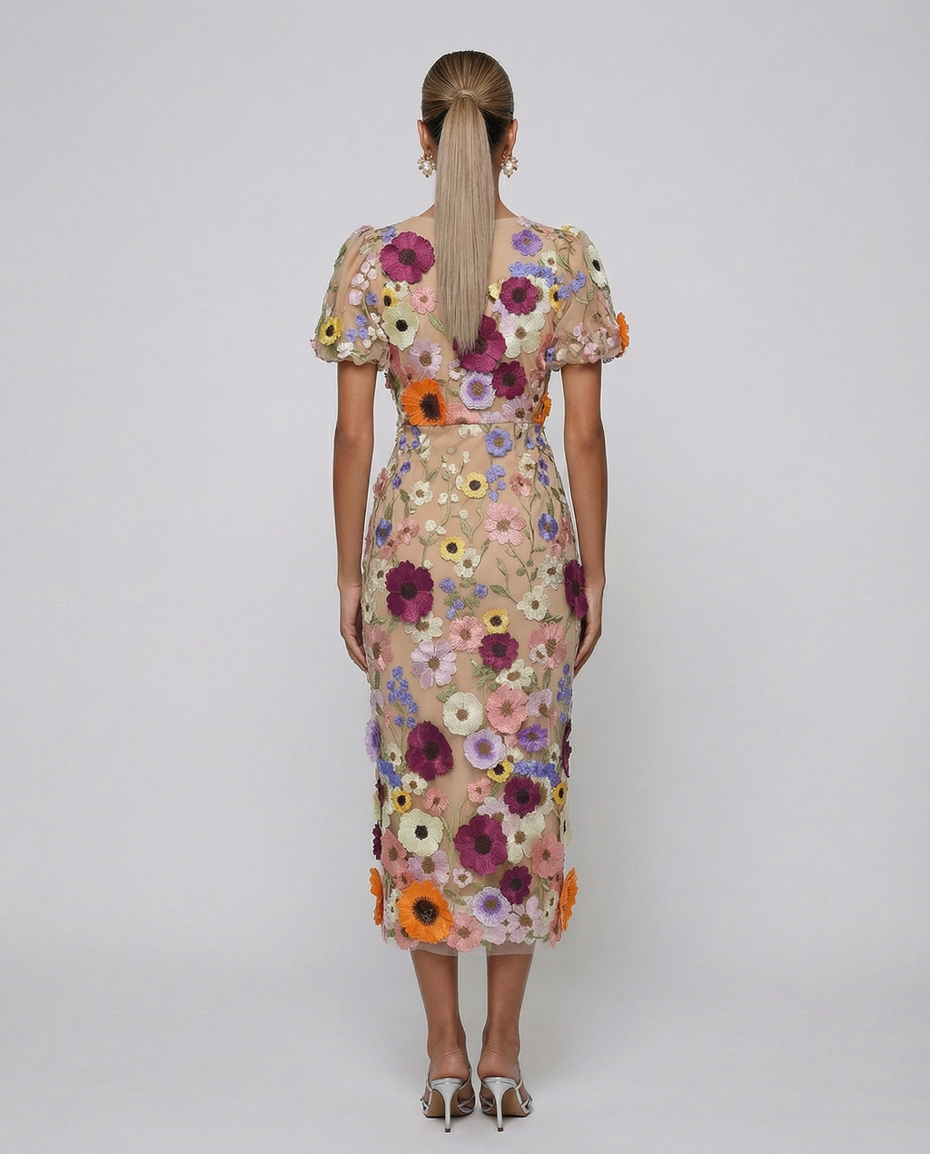 Women's Floral Embroidered Midi Dress with Puff Sleeves for Elegant Events