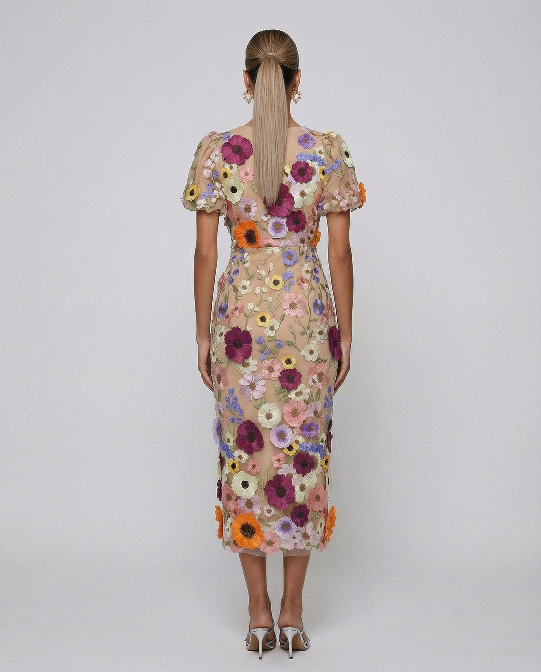 Women's Floral Embroidered Midi Dress with Puff Sleeves for Elegant Events