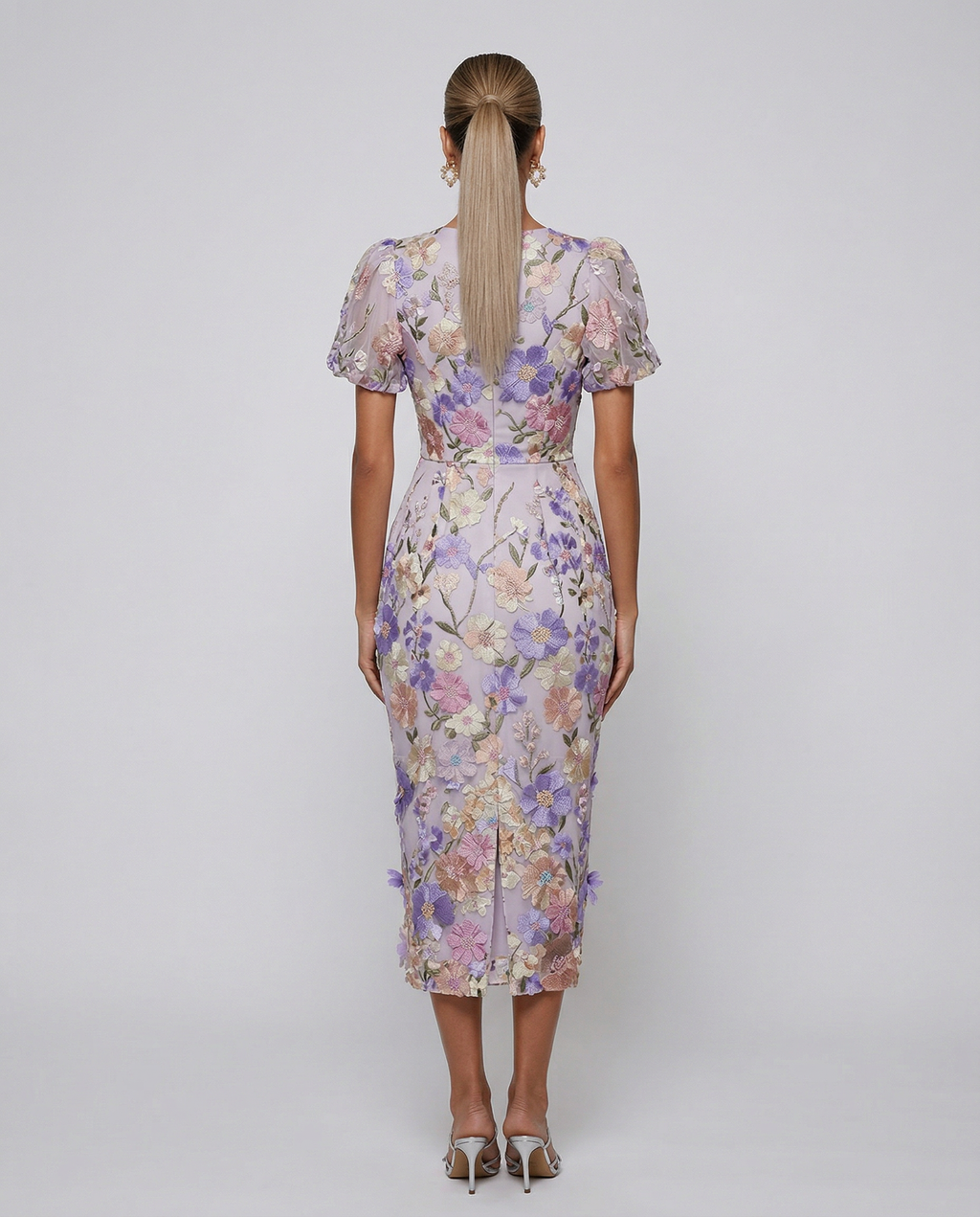 Women's Floral Embroidered Midi Dress with Puff Sleeves for Elegant Events