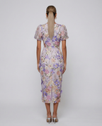 Women's Floral Embroidered Midi Dress with Puff Sleeves for Elegant Events