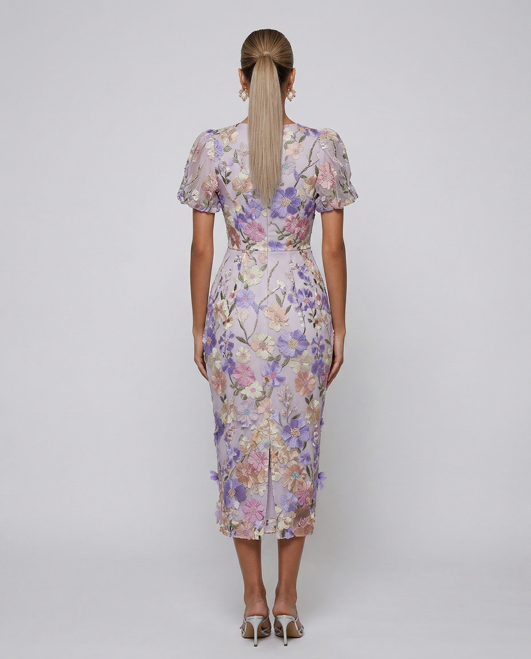Women's Floral Embroidered Midi Dress with Puff Sleeves for Elegant Events